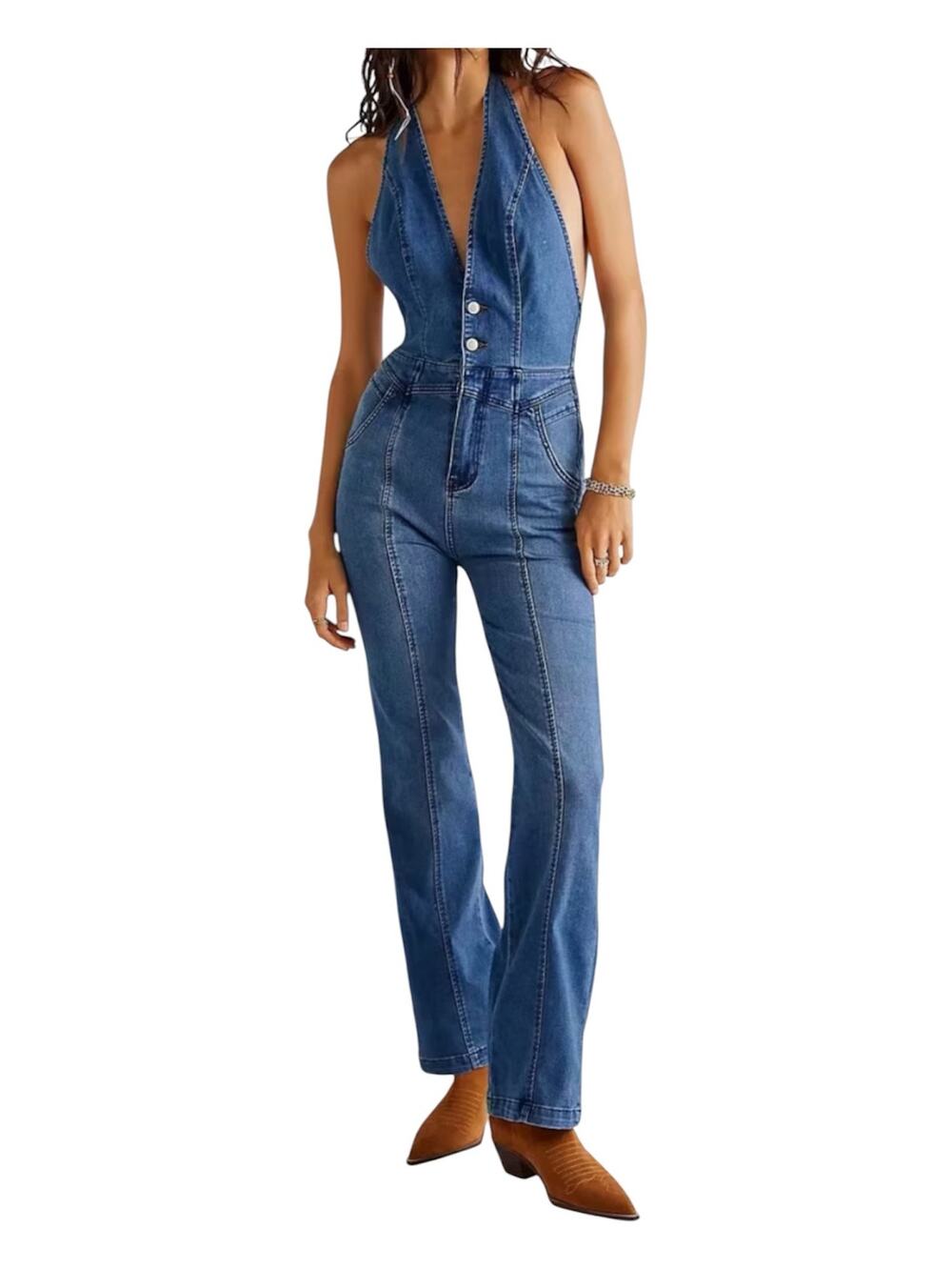 Free People "We The Free" Cruz Denim Halter Jumpsuit